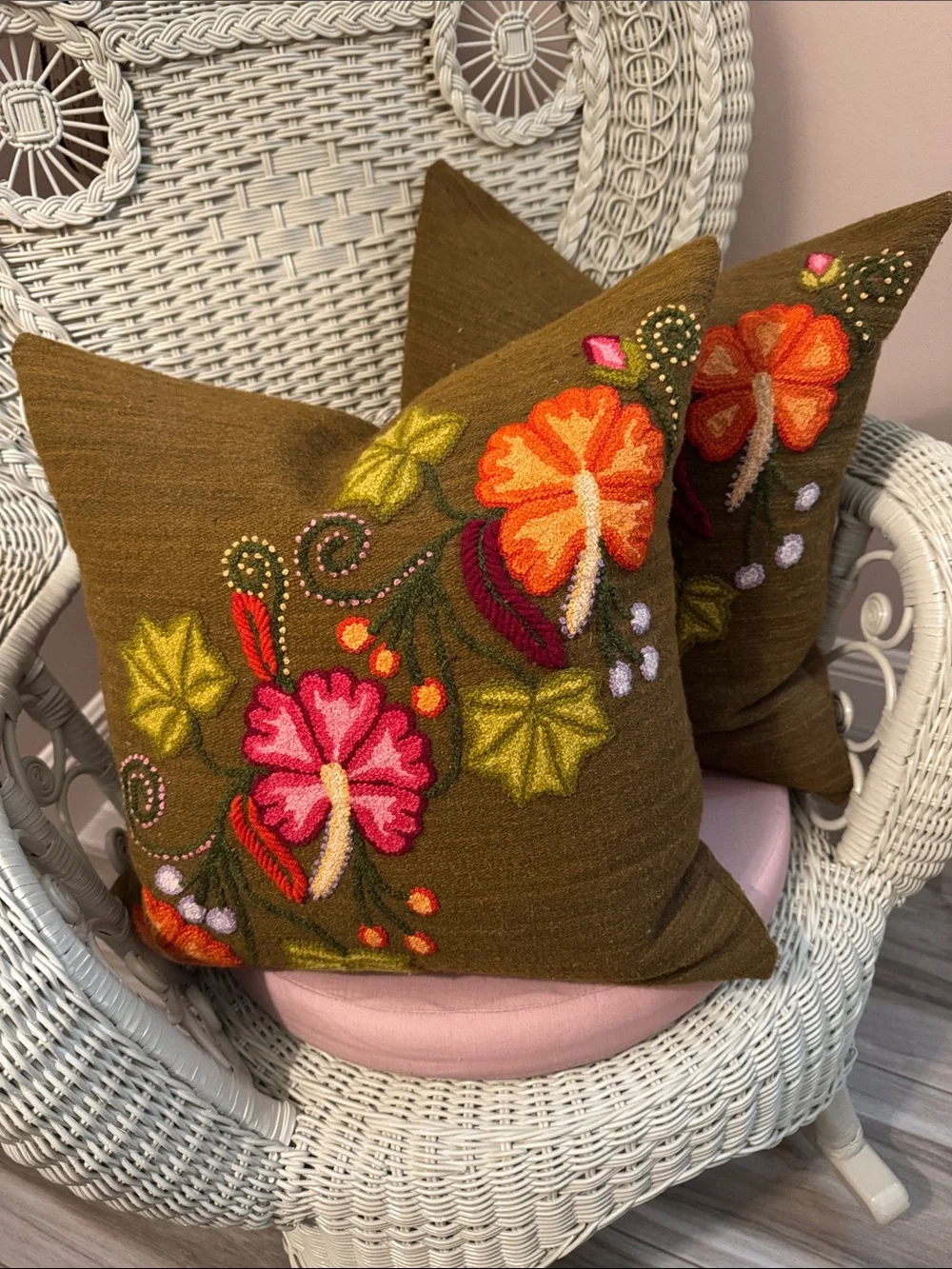 Set of Two Peruvian Hand Woven, Hand Embroidered Pillows